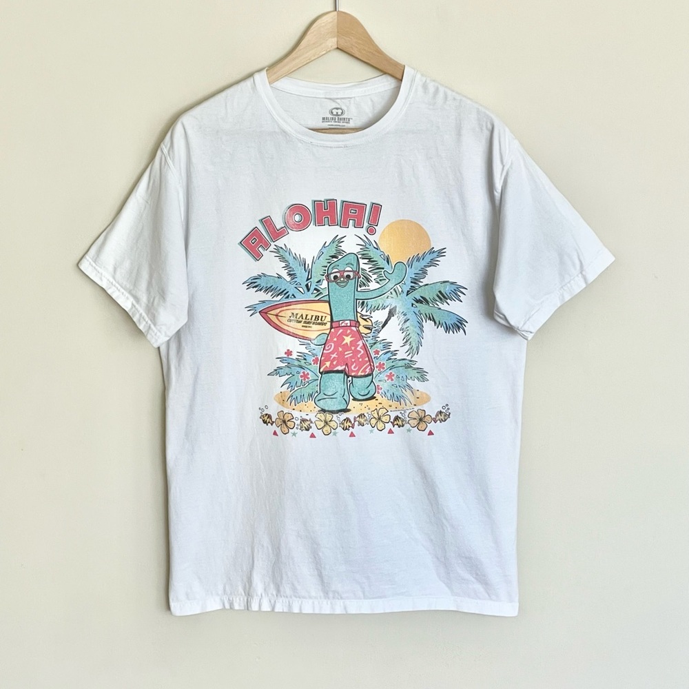 Gumby Aloha! Surf Beach Palm Graphic White T Shirt Adult size Medium - Picture 2 of 6